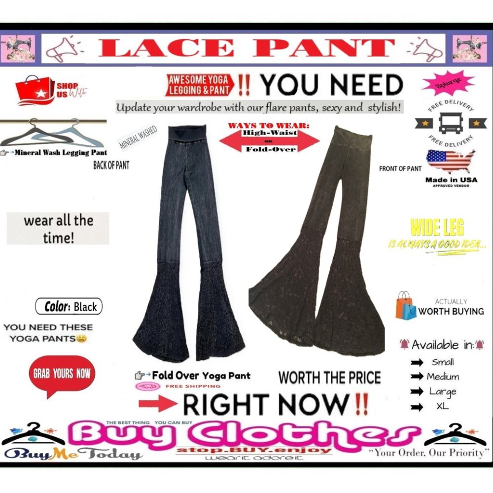 🛑 BOTTOM Fold Embroidery ➕ LACE 🆒 LEGGING PANT High Waist FLARE Wash BUY NOW - Picture 15 of 16